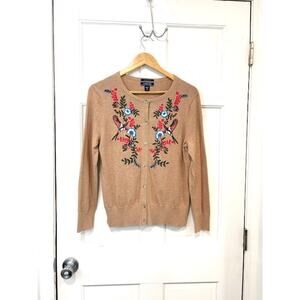 Lands End Embroidered Hummingbird Sweater Supima Cotton Cardigan Tan Sz MP